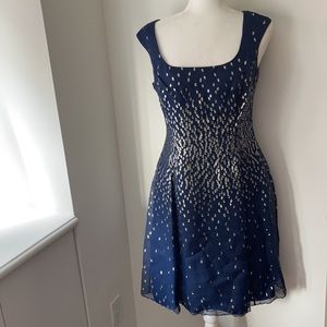Kay Unger Navy and Gold silk/crepe A-line dress